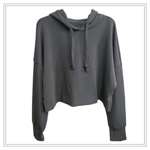 AS REVIVAL Cropped Hoodie Sweatshirt Charcoal Gray Size M Thumbholes